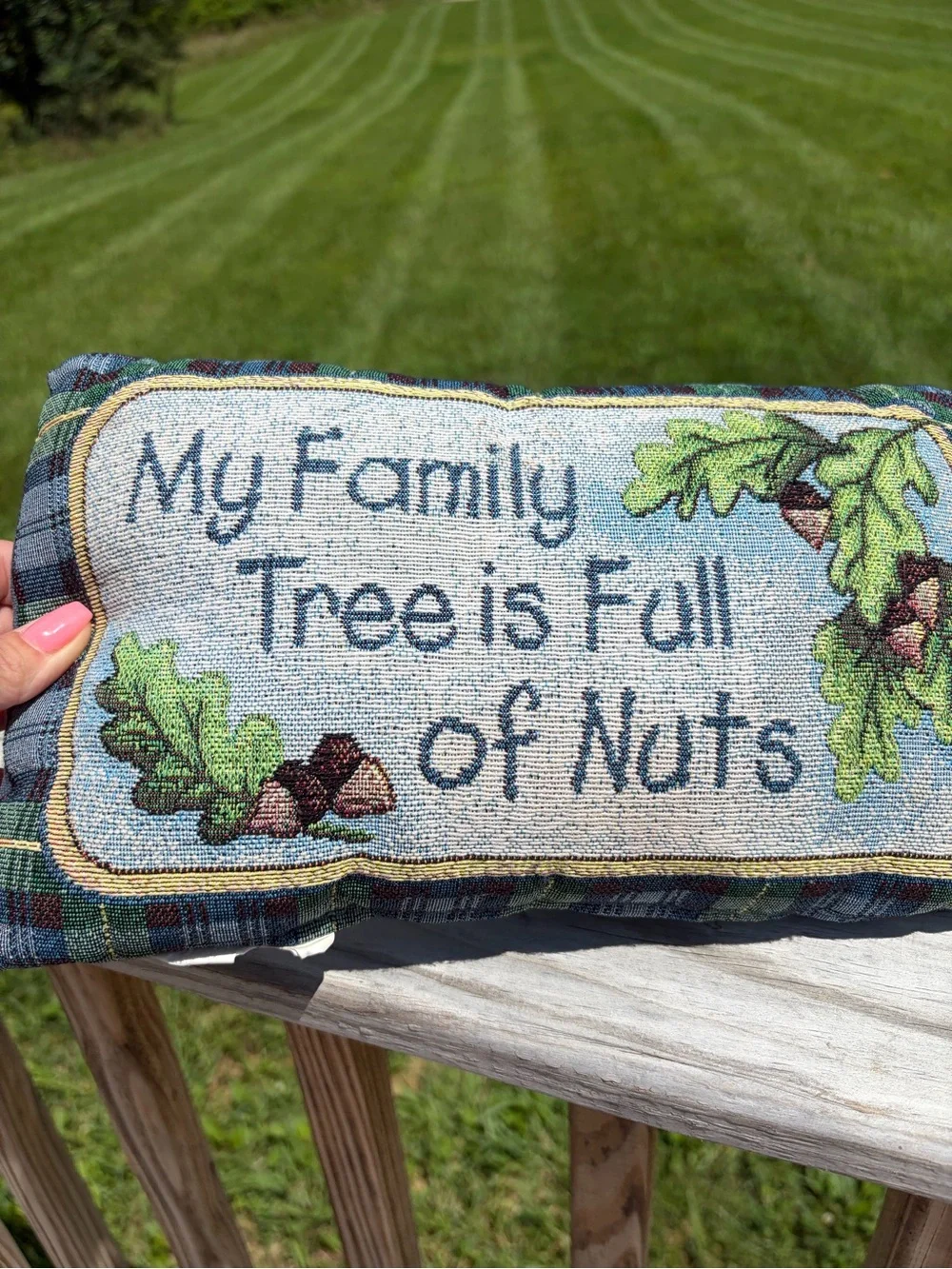My Family Tree is Full of Nuts Tapestry Oak Leaf Blue Tartan Plaid Lumbar Pillow